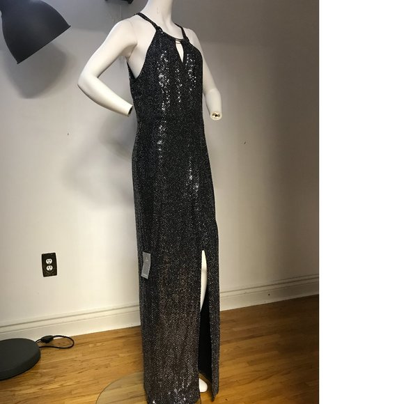 Le Chateau Black Silver Metallic Payette Maxi Gala Dress Gown  Wedding Slit NWT - Picture 4 of 9